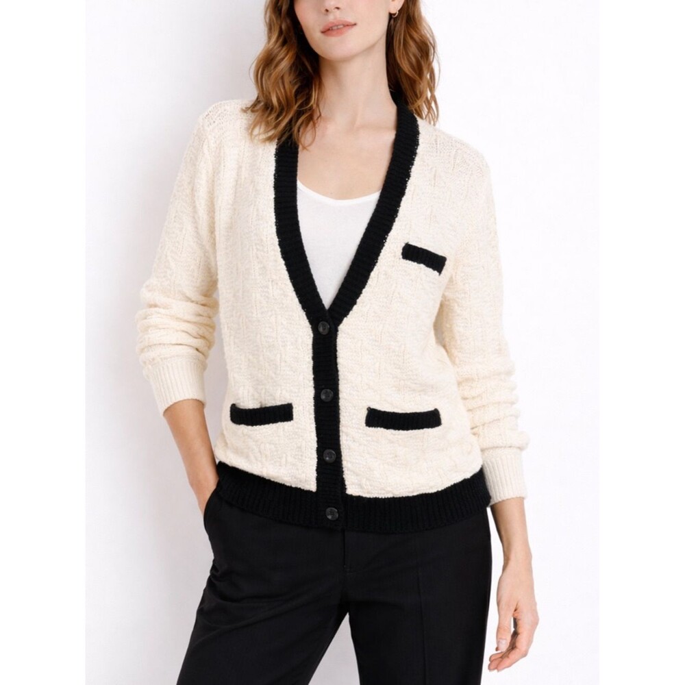 Intermix Button Front Cardigan Women's Medium Cream Black Trim Knit Classic Chic